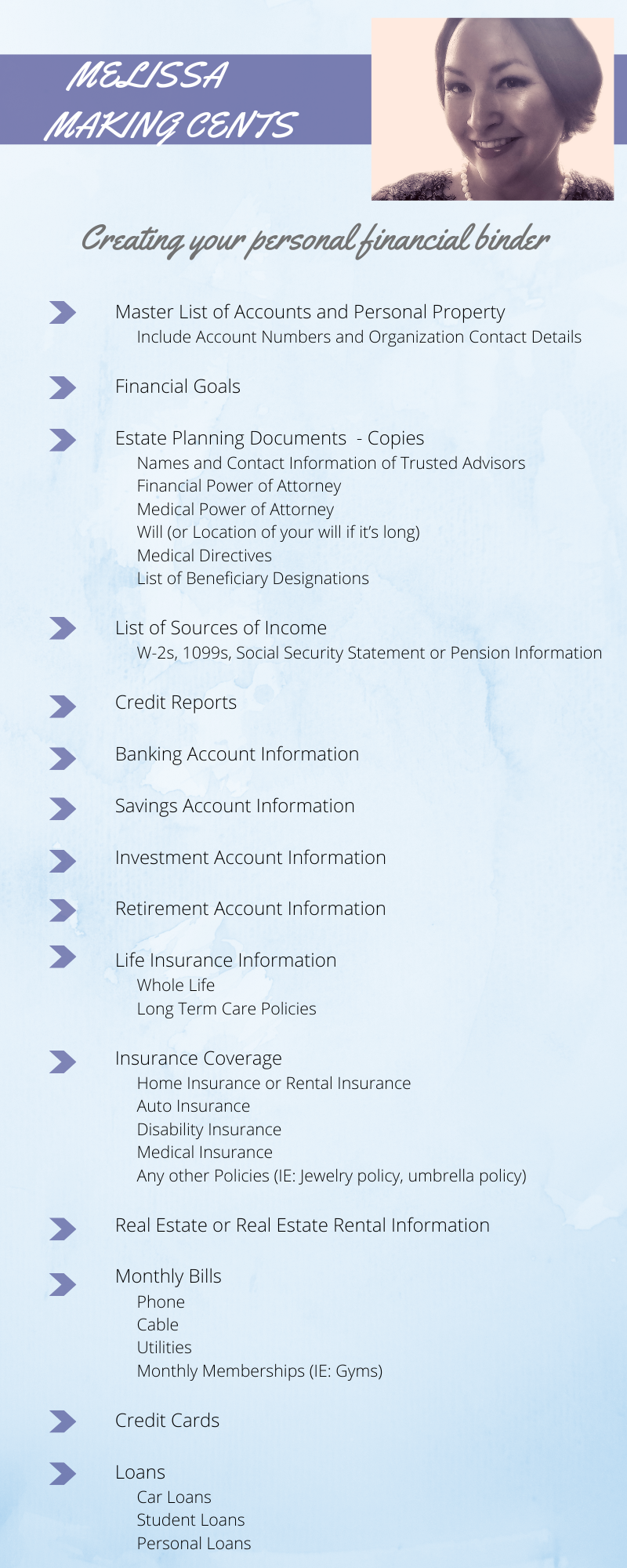 Melissa Cox CFP explains what to add to your personal financial binder.