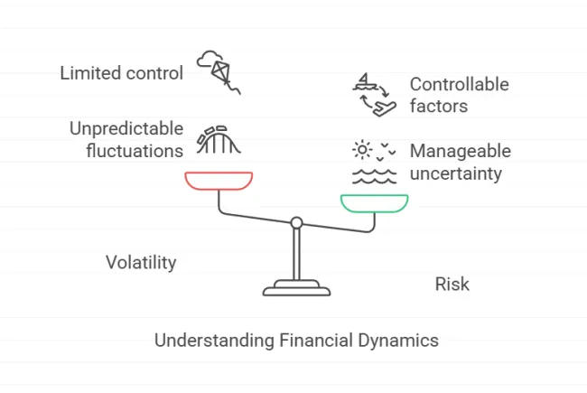 A lighthearted visual comparing volatility vs. risk (“the coaster track is unfinished!”)